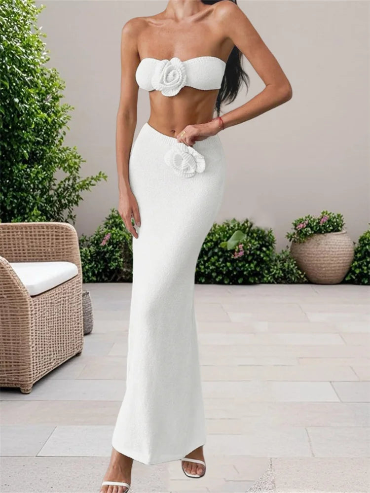 Sexy Sommer-Zweiteiler mit 3D-Blumen – Schulterfreies Top & Langer Rock